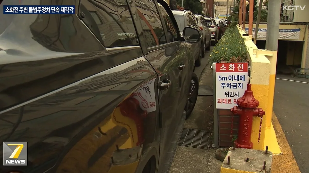 소화전 5m 이내 주차금지 안내판과 불법 주차 차량