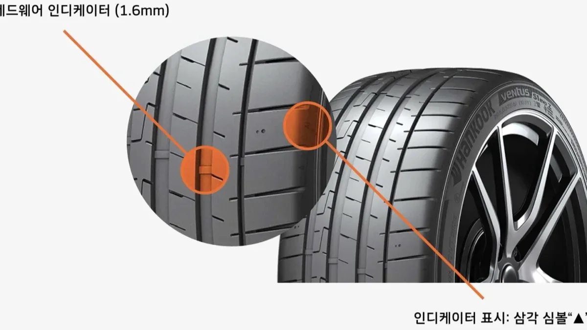 타이어 트레드웨어 인디케이터가 표시된 마모 한계선